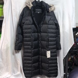 Eddie Bauer Black Long Puffer Coat with Faux Fur Hood